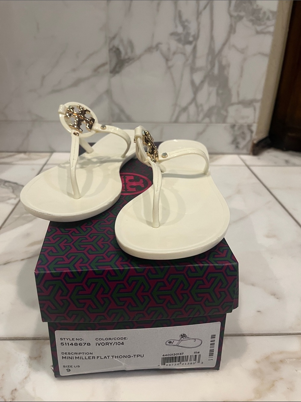 Tory Burch Ivory Mini Miller Thong Sandals with Gold Logo size 9